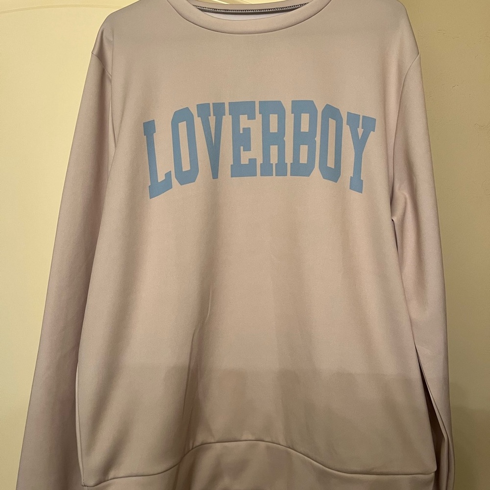 Amazon Beige Crewneck Sweater with Blue Print